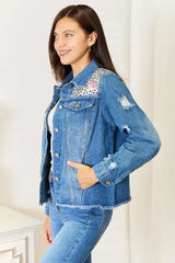 Leopard Floral Denim Jacket - Distressed Raw Hem | Femstylo - Femstylo