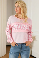 Pink Leopard Patchwork Waffle Top - Edgy Knitwear | Femstylo - Femstylo