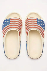 White Rhinestone American Flag Thick Sole Slides Shoes - Femstylo