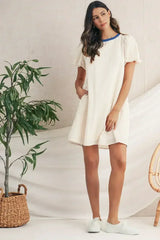 Beige Striped Print Puff Sleeve Textured Mini Dress - Femstylo