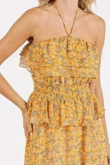 Mittoshop Ruffled Smocked Floral Halter Neck Maxi Dress - Femstylo