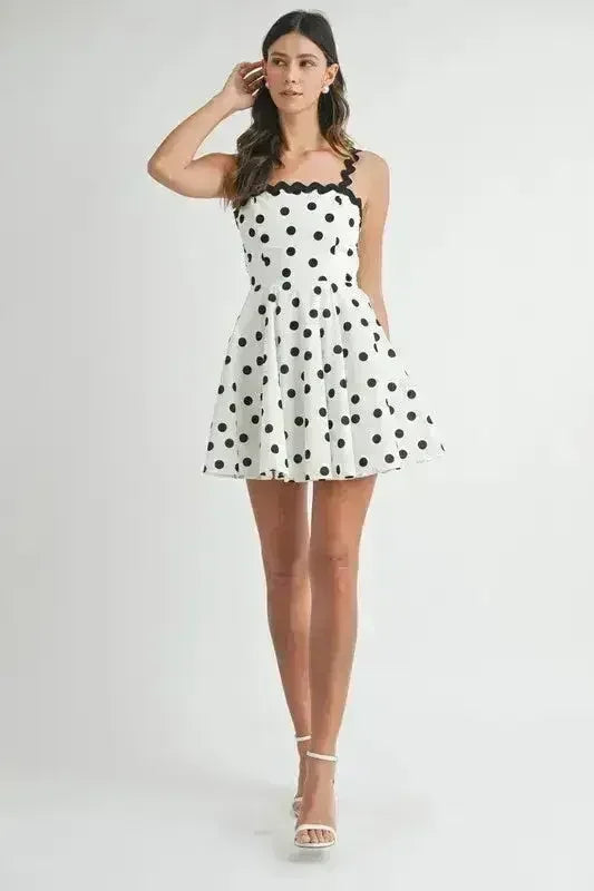 Polka Dot Mini Dress – Ricrac Trim Strap & Smocked Back - Femstylo