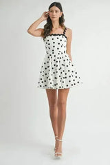 Polka Dot Mini Dress – Ricrac Trim Strap & Smocked Back - Femstylo