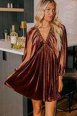 Clay Elastic V Neck Puff Sleeve Flowy Velvet Dress