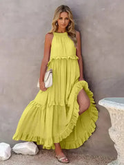 Ruffled Sleeveless Tiered Maxi Dress with Pockets - Femstylo