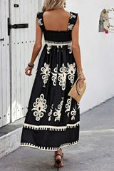 Black Boho Print Smocked Ruffle Sleeveless Maxi Dress - Femstylo