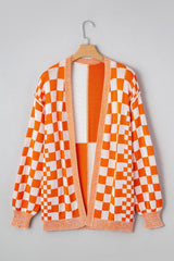 Orange Checkered Open Front Drop Shoulder Cardigan