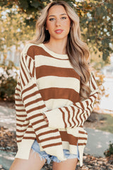 Brown Stripe Drop Shoulder Sleeve Patchwork Baggy Sweater