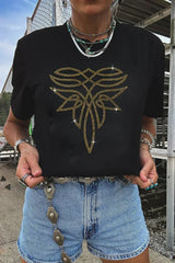 Black Rhinestone Boot Stitch Pattern Printed Cotton Blend Tee