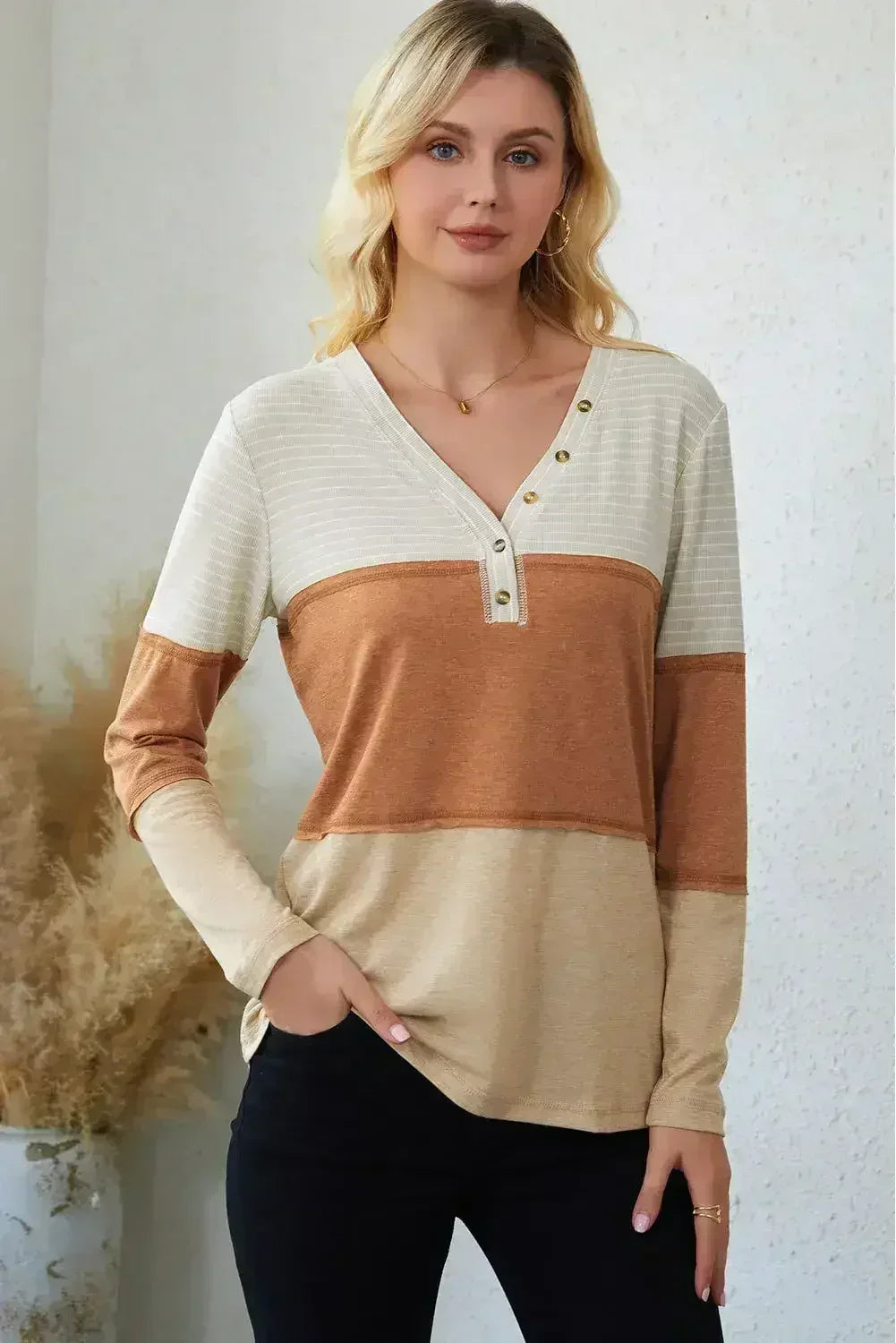 Orange Color Block Henley Top - Striped V-Neck Knit | Femstylo - Femstylo