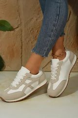 Oatmeal Contrast Lace Up Round Toe Sneakers - Femstylo