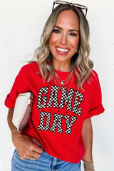 Red Checkered Game Day Graphic Round T Shirt