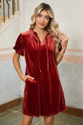 Cinnamon Velvet Smocked Neckline Puff Sleeve Shift Mini Dress