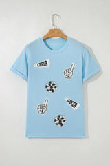 Light Blue Cheer Game Day Element Sequin Patched T Shirt