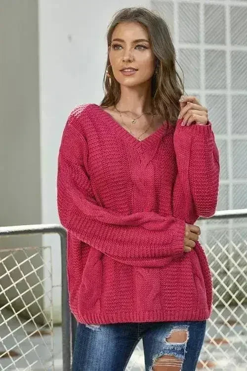 Casual Rose Bubblegum V-Neck Braided Knit Sweater - Femstylo