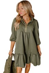 Jungle Green Quarter Zip Collar Bracelet Sleeve Textured Mini Dress