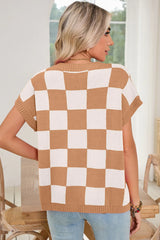 Light French Beige Checkered Knit Dolman Short Sleeve Sweater
