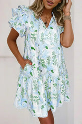 Sky Blue Floral Contrast Edge Ruffle Sleeve Tie Neck Mini Dress - Femstylo