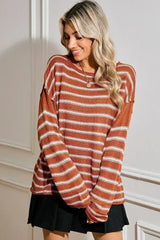 Brown Stripe Casual Round Neck Drop Shoulder Sweater - Femstylo