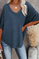 Blue Exposed Seam Drop Sleeve V Neck Waffle Textured Top - Femstylo