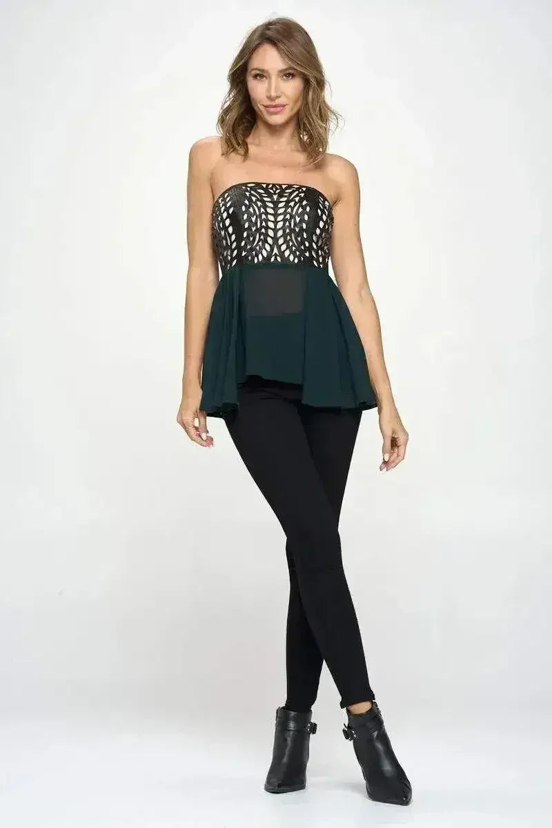 Strapless Laser-Cut Chiffon Peplum Top for Women - Femstylo