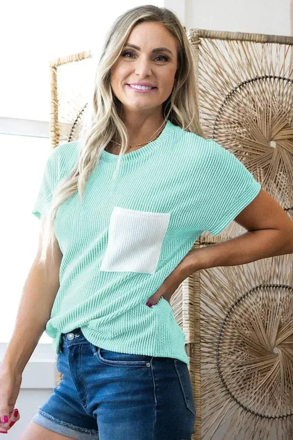 Pink Corded Colorblock Pocket Crew Neck T Shirt - Femstylo