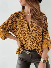 Leopard Button Detail Notched Long Sleeve Blouse | Femstylo - Femstylo