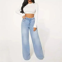 25 Edition – High Waist Drawstring Wide Leg Jeans – Light Blue - Femstylo