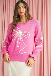 Bright Pink Sweet Bow Pattern Drop Sleeve Knit Sweater - Femstylo
