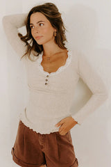 Beige Lace Neckline Button Decor Lettuce Edge Long Sleeve Ribbed Top