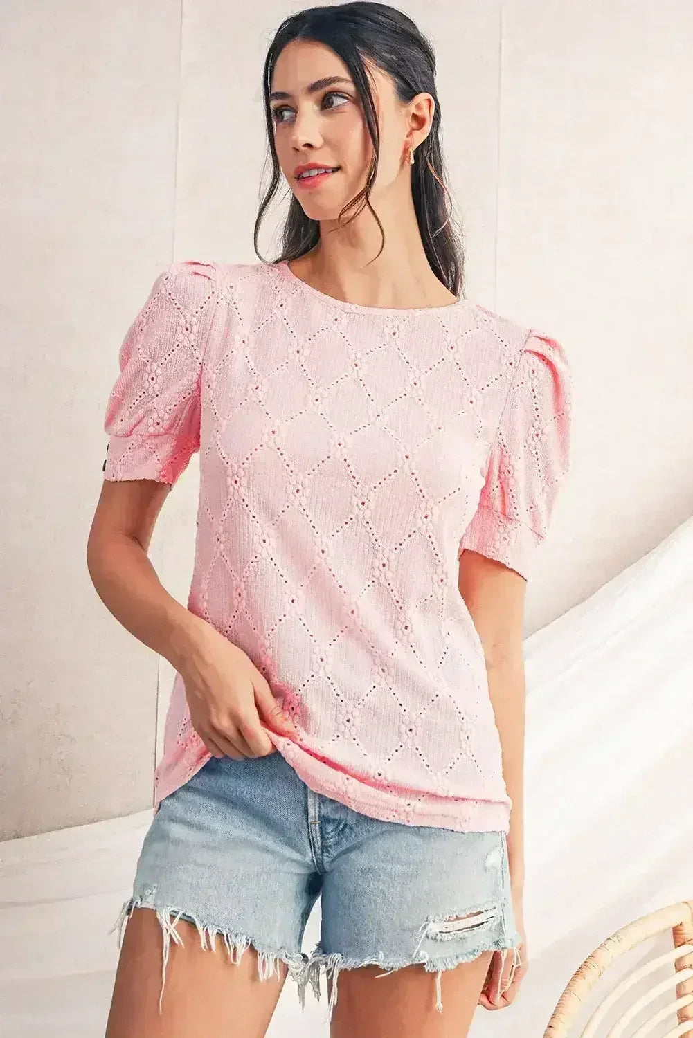 White Embroidered Floral Geometric Button Short Sleeve Top | Femstylo - Femstylo