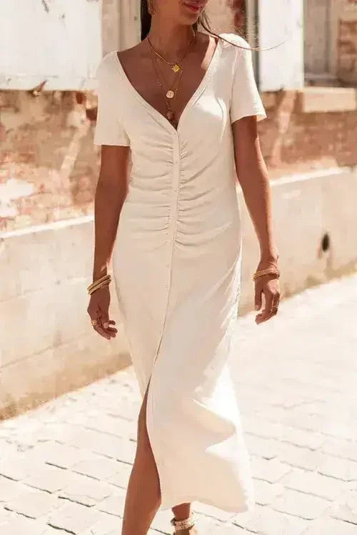 Beige V Neck Ruched Button Front French T-shirt Dress - Femstylo