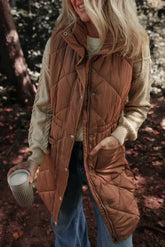 Coffee Puffer Quilted Stand Collar Pocketed Vest Coat - Femstylo