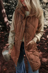 Coffee Puffer Quilted Stand Collar Pocketed Vest Coat - Femstylo