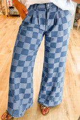 Dusk Blue Checkered Light Washed Wide Leg Jeans - Femstylo