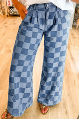 Dusk Blue Checkered Light Washed Wide Leg Jeans - Femstylo
