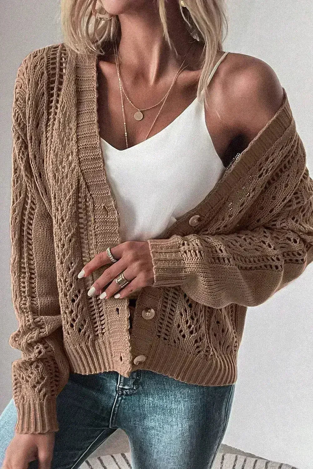 Dark Khaki Cardigan – Open Knit Drop Shoulder Sweater | Cotton-Acrylic Blend - Femstylo