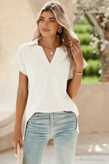 White Textured V Neck Collared Split Hem T Shirt - Femstylo
