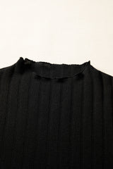 Black Frilled Neck Ribbed Knit Patchwork Long Sleeve Mini Dress