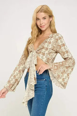 Boho Bell-Sleeve Crop Top | Floral Tie-Front | Sizes S-XL - Femstylo