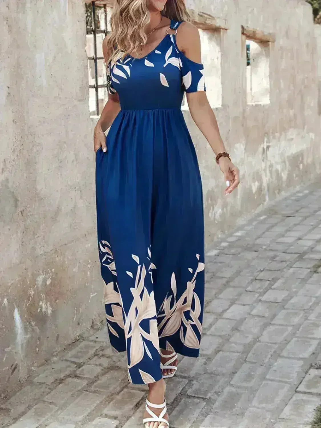 Printed Cold Shoulder Maxi Dress - Stylish Polyester Dress | Femstylo - Femstylo