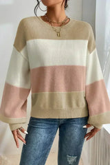 Dusty Pink Color Block Lantern Sleeve Drop Shoulder Sweater - Femstylo