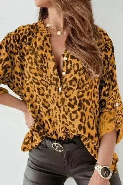 Leopard Button Detail Notched Long Sleeve Blouse | Femstylo - Femstylo