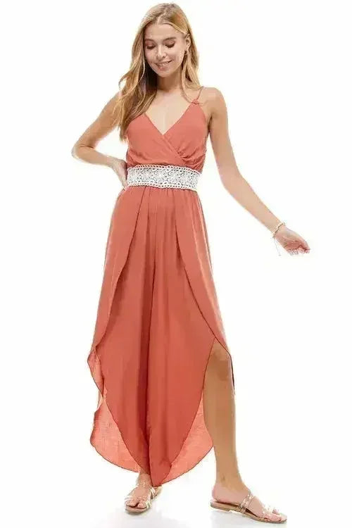 FLORAL & SOLID CROCHET TULIP LEG CAMI JUMPSUIT - Femstylo