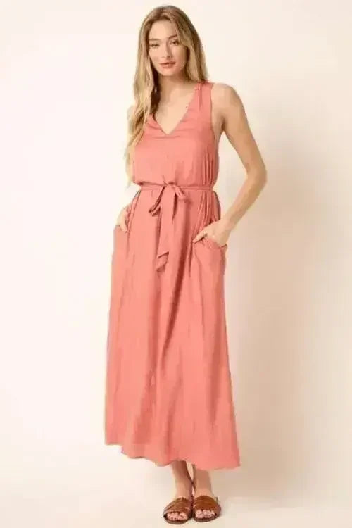 Mittoshop Cross Back Belted V Neck Tank Maxi Dress - Femstylo