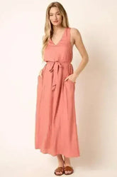 Mittoshop Cross Back Belted V Neck Tank Maxi Dress - Femstylo