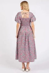 Mittoshop Smocked Floral Square Neck Puff Sleeve Midi Dress - Femstylo