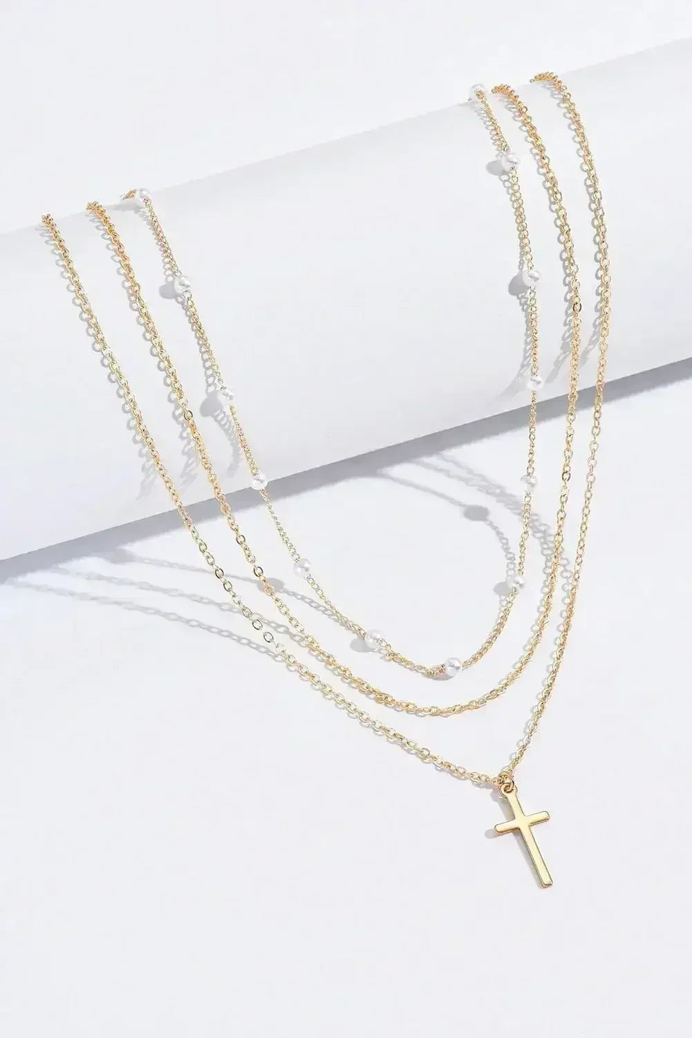 Gold Retro Multi-Layer Pearl and Cross Pendant Necklace Set - Femstylo