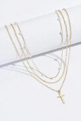Gold Retro Multi-Layer Pearl and Cross Pendant Necklace Set - Femstylo