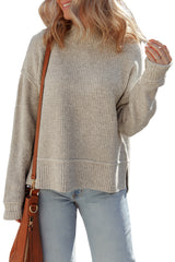 Gray Morn Waffle Knit Ribbed High Neck Drop Shoulder Sweater